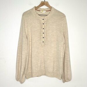 Boden Lara Frill Henley 100% Merino Wool Sweater 16/18 XL Beige Tan Knit Cottage